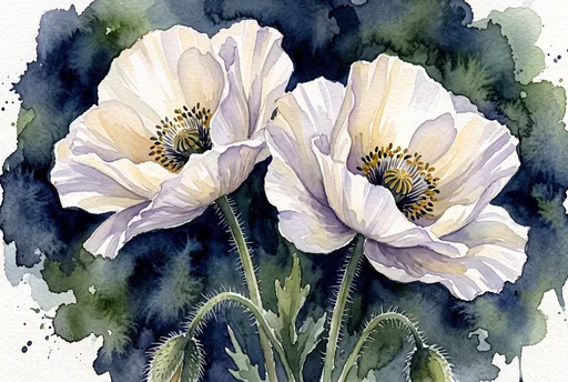 Watercolor Illustration of Two White Poppies