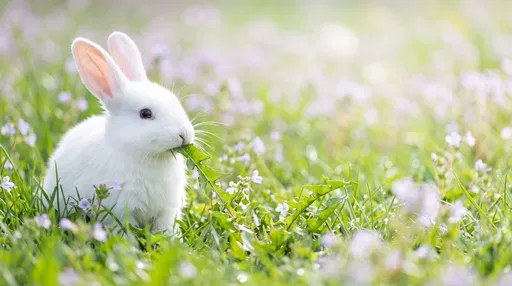 White Rabbit Nibbling Greens in Spring Meadow