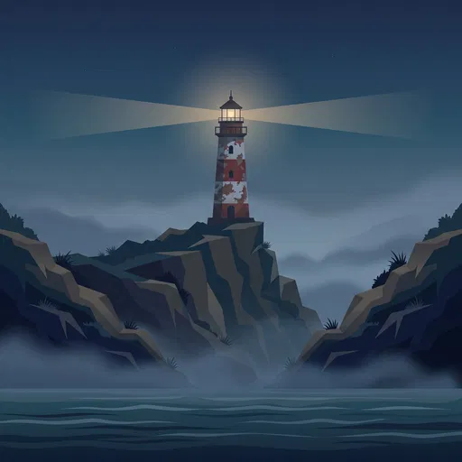 Weathered Lighthouse on Foggy Sea Cliff
