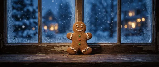 Gingerbread Man Cookie on Frosty Windowsill