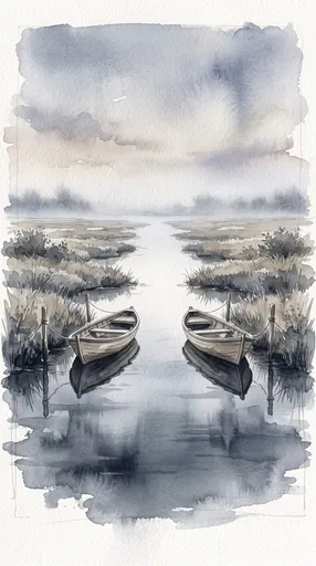 Watercolor Illustration of Twin Rowboats in Marsh