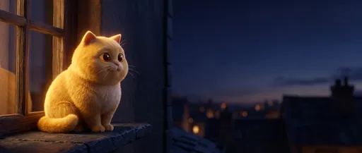 Stylized Golden Cat on Night Windowsill