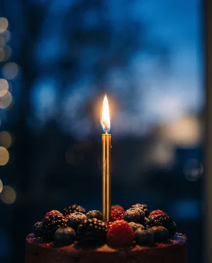 Gold Candle on Berry Birthday Cake