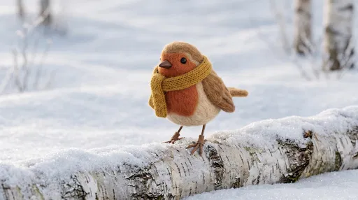 Felt Robin With Scarf on Snowy Log