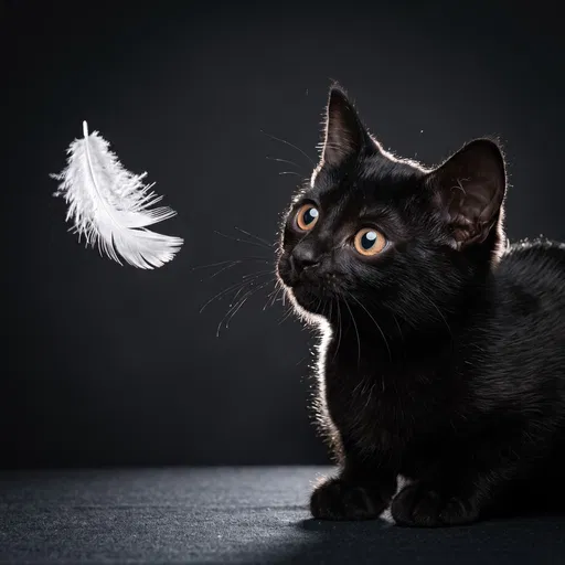 Black Kitten Watching Floating White Feather