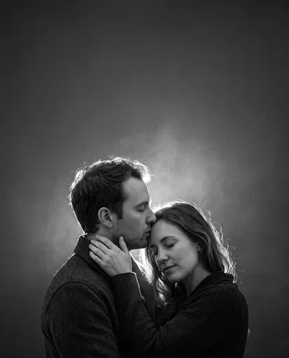 Monochrome Studio Portrait of Couple Embracing