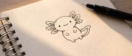 Cute Axolotl Ink Sketch in Sunlit Notebook