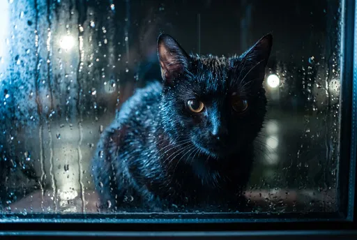 Wet Black Cat Behind Rainy Window