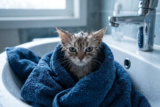 Grumpy Wet Kitten Wrapped in Blue Towel