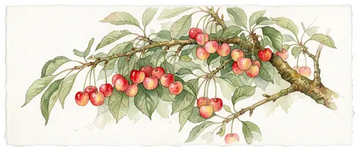 Watercolor Branch of Ripe Rainier Cherries