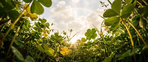 Low Angle Clovers Under Rainbow Sky