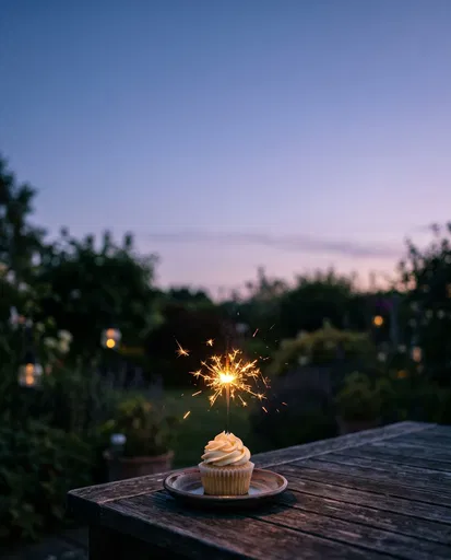 Cupcake With Lit Sparkler at Dusk