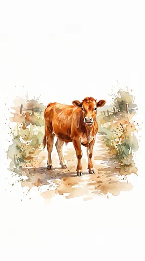 Watercolor Ginger Heifer on Country Lane