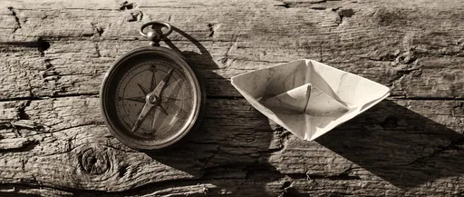 Antique Compass and Paper Boat on Driftwood