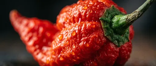 Macro Red Ghost Pepper With Water Droplets