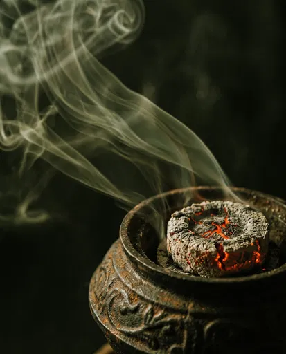 Glowing Charcoal Disc in Cast-Iron Censer