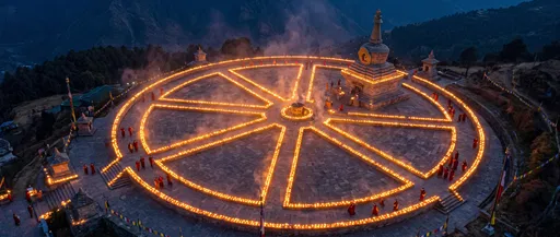 Illuminated Dharma Wheel Stupa Courtyard at Dusk