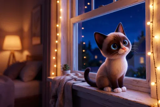 Stylized Siamese Kitten on Night Windowsill