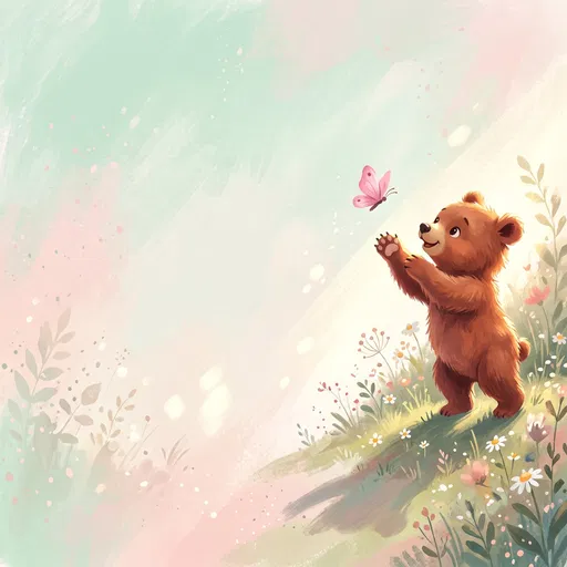 Cartoon Bear Reaching for Pink Butterfly