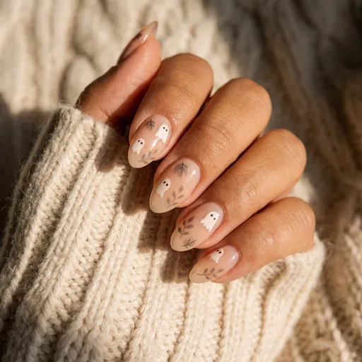 Minimal Ghost and Leaf Halloween Nail Art