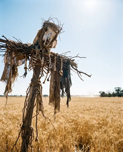 Skeletal Scarecrow in Golden Wheat Field