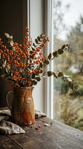 Ceramic Pitcher with Autumn Berries by Window
