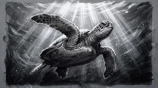 Charcoal Drawing of Underwater Sea Turtle