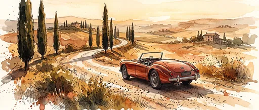 Watercolor Red Roadster on Tuscan Road
