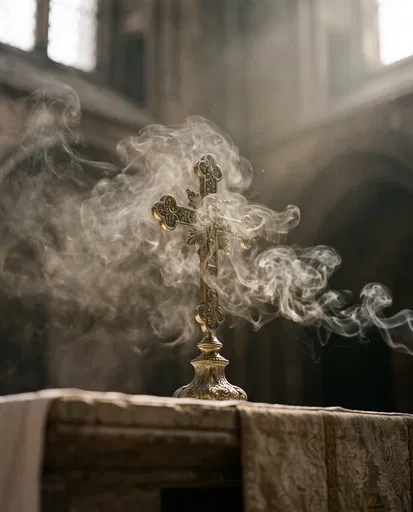 Ornate Brass Altar Cross in Incense Smoke