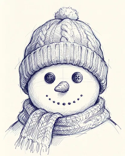 Blue Pen Sketch of Smiling Snowman