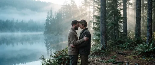 Men Embracing by Misty Mountain Lake