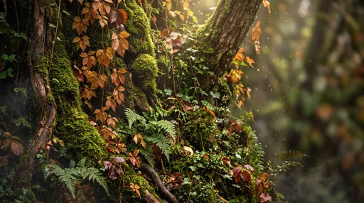 Sunlight Over Mossy Autumn Forest Trunk