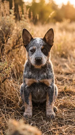 Blue Heeler Puppy in Golden Field