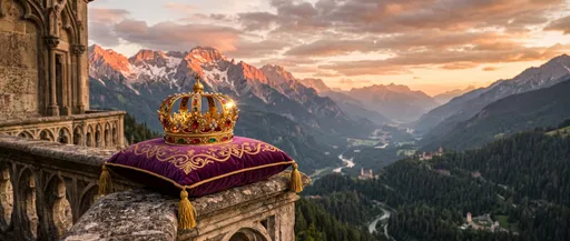Jeweled Crown on Castle Balcony at Sunset