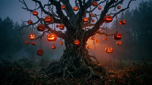 Glowing Jack-O'-Lanterns Hanging from Spooky Tree