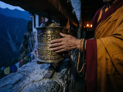 Monk's Hand on Brass Prayer Wheel