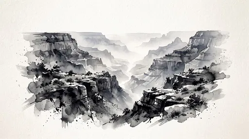 Monochrome Watercolor Canyon Gorge Illustration