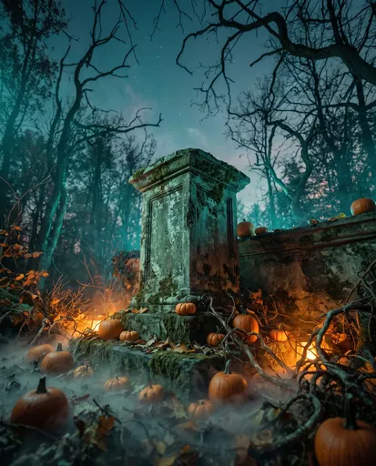 Mossy Stone Pedestal With Pumpkins in Woods