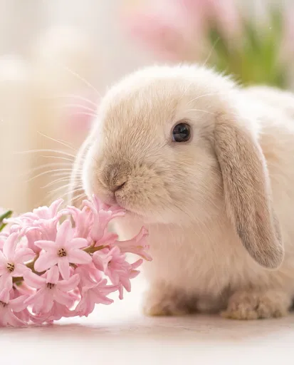 Cream Lop Bunny Sniffing Pink Hyacinth
