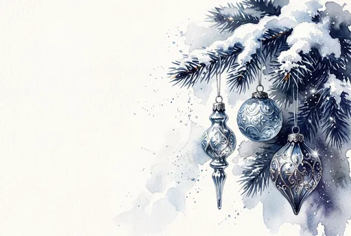 Watercolor Blue Christmas Ornaments on Pine Branch