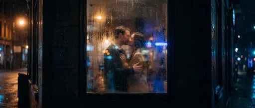 Couple Kissing Behind Rainy Window at Night