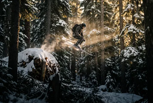 Skier Jumping in Sunlit Winter Forest