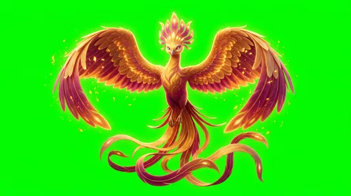 Stylized Golden Phoenix on Green Screen