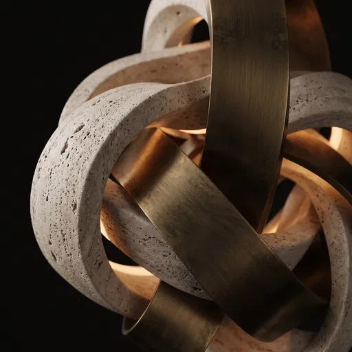 Interwoven Travertine and Bronze Abstract Sculpture