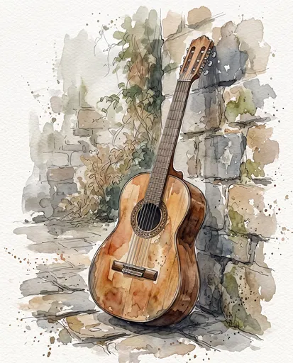 Watercolor Spanish Guitar Against Stone Wall