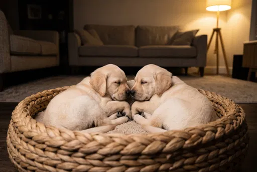Two Yellow Labrador Puppies Sleeping Together