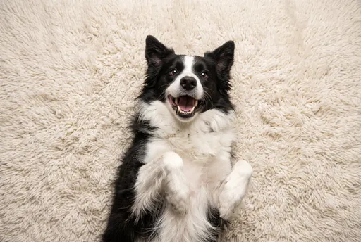 Happy Border Collie Lying on Cream Rug