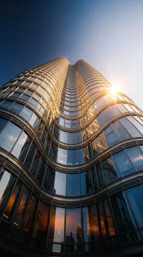 Curved Glass Skyscraper Looking Up at Sunrise