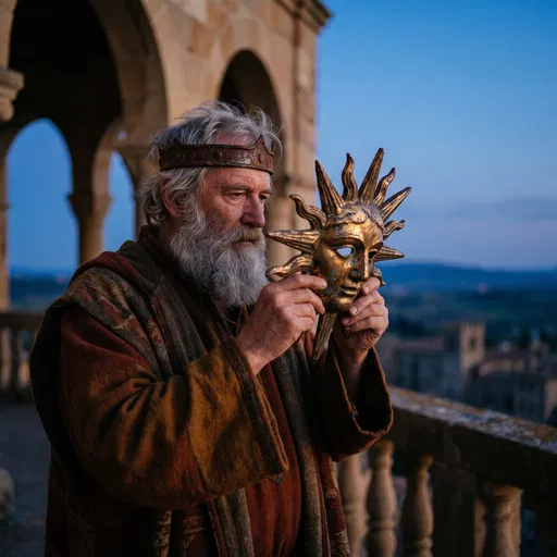 Elderly King Holding Golden Sun Mask