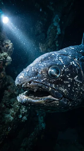Close-Up of Coelacanth in Dark Cave